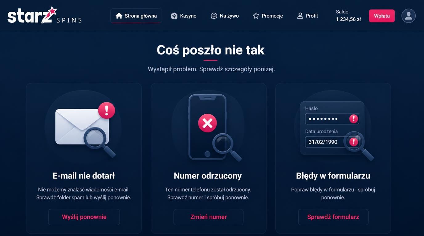 Typowe błędy przy rejestracji: brak maila, format numeru telefonu, błędy formularza
