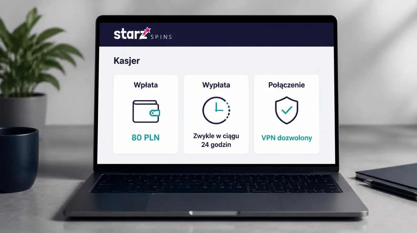 Panel kasyna z depozytem 80 PLN, orientacyjną wypłatą w 24 godziny i symbolem dozwolonego VPN