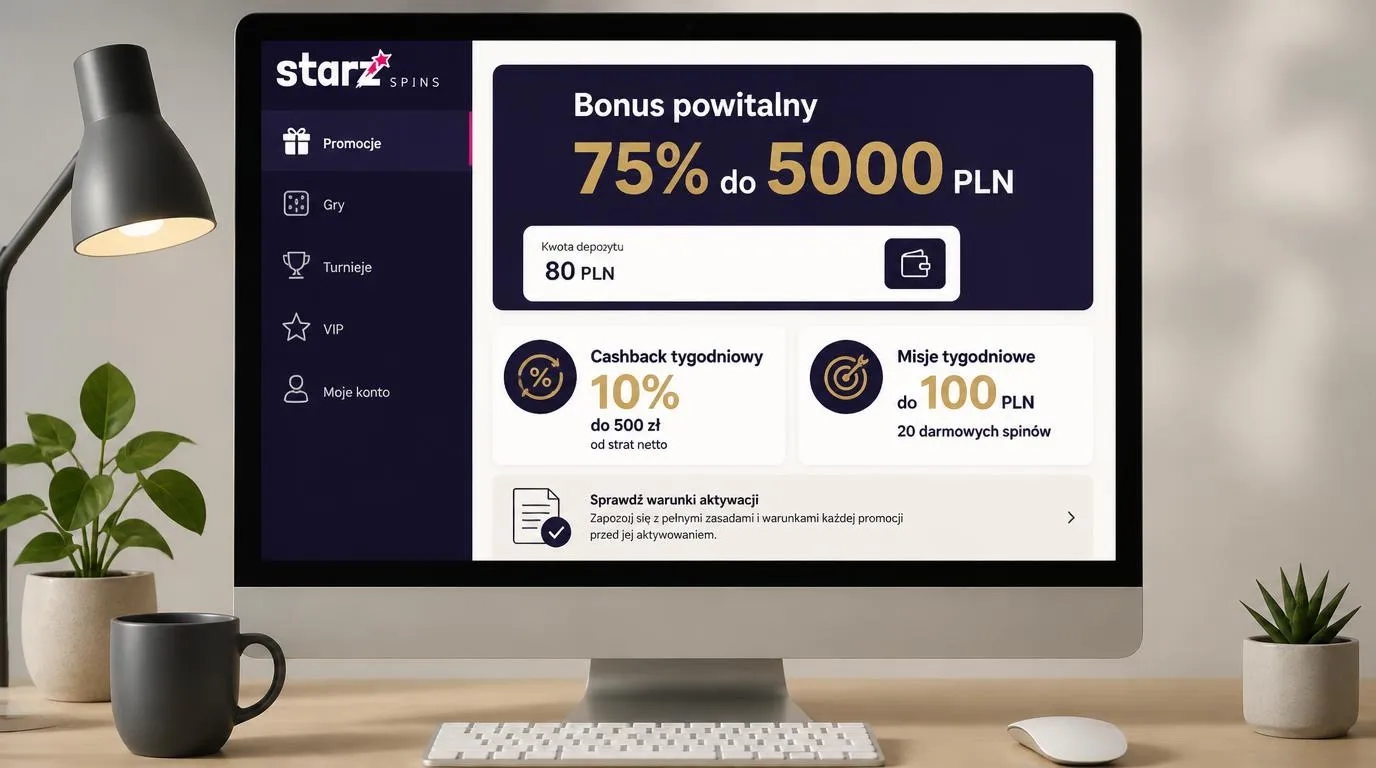 Panel promocji z bonusem 75% do 5000 PLN, depozytem 80 PLN, tygodniowym cashbackiem i nagrodami za misje