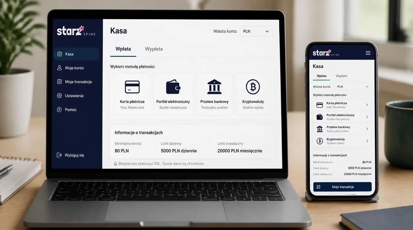 Panel kasjera z saldem w PLN, wyborem metod płatności i informacją o limitach wypłat